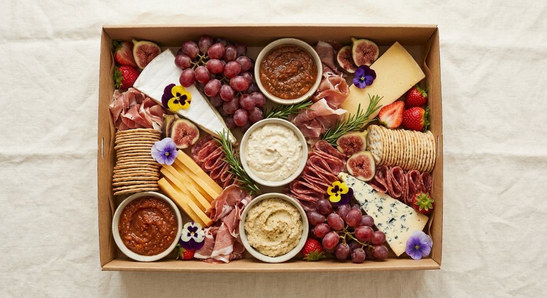 A grazing box with cheeses, fruit and dips