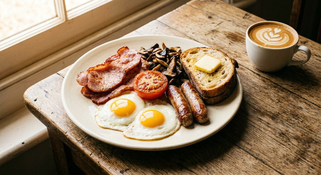 Country breakfast plate with eggs, bacon and sourdough