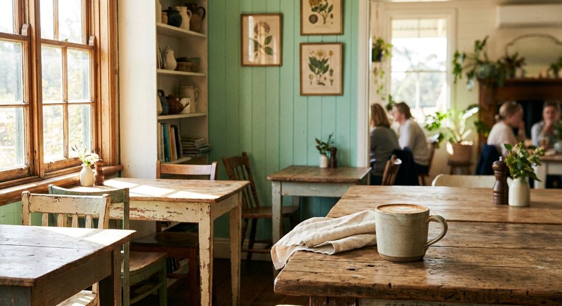 Inside the Recover-DP cafe with timber tables and mint green walls